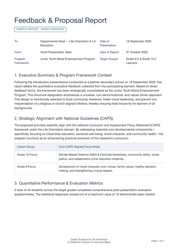 Preview of the first page of a sample Feedback & Proposal Report, with names removed