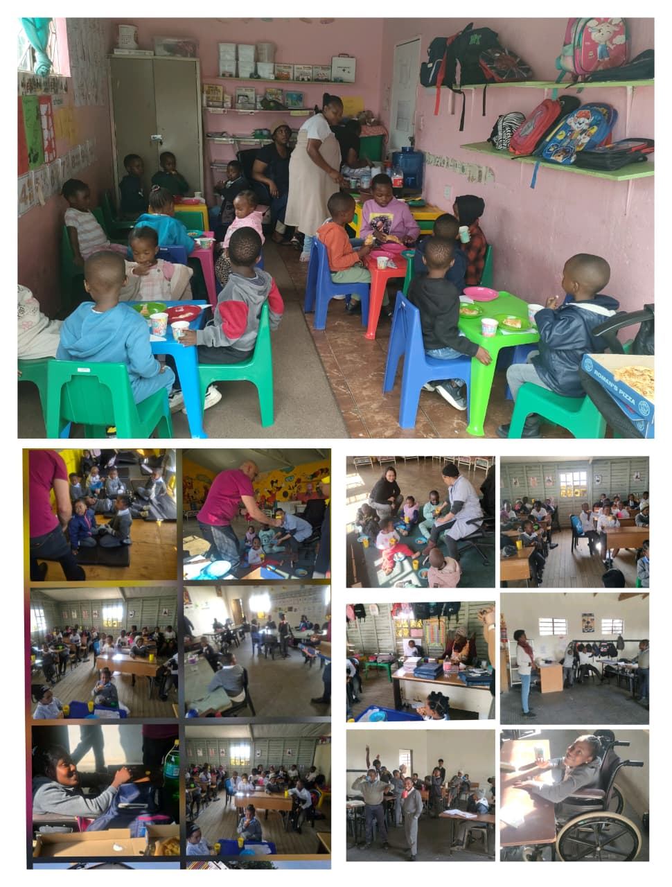 A collage of community social development activities including a feeding scheme and a disability centre visit